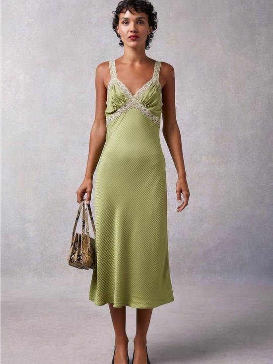 Rouje Other - Rouje Paris Jenna Olive Green Lace Trim Slip Dress